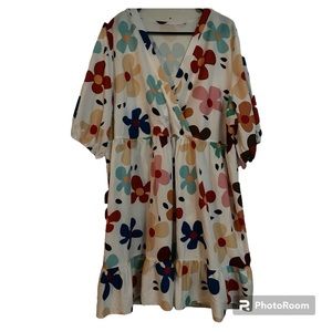 Floral 2X Midi Dress Women V neck faux wrap top Ruffle Bottom SHEIN